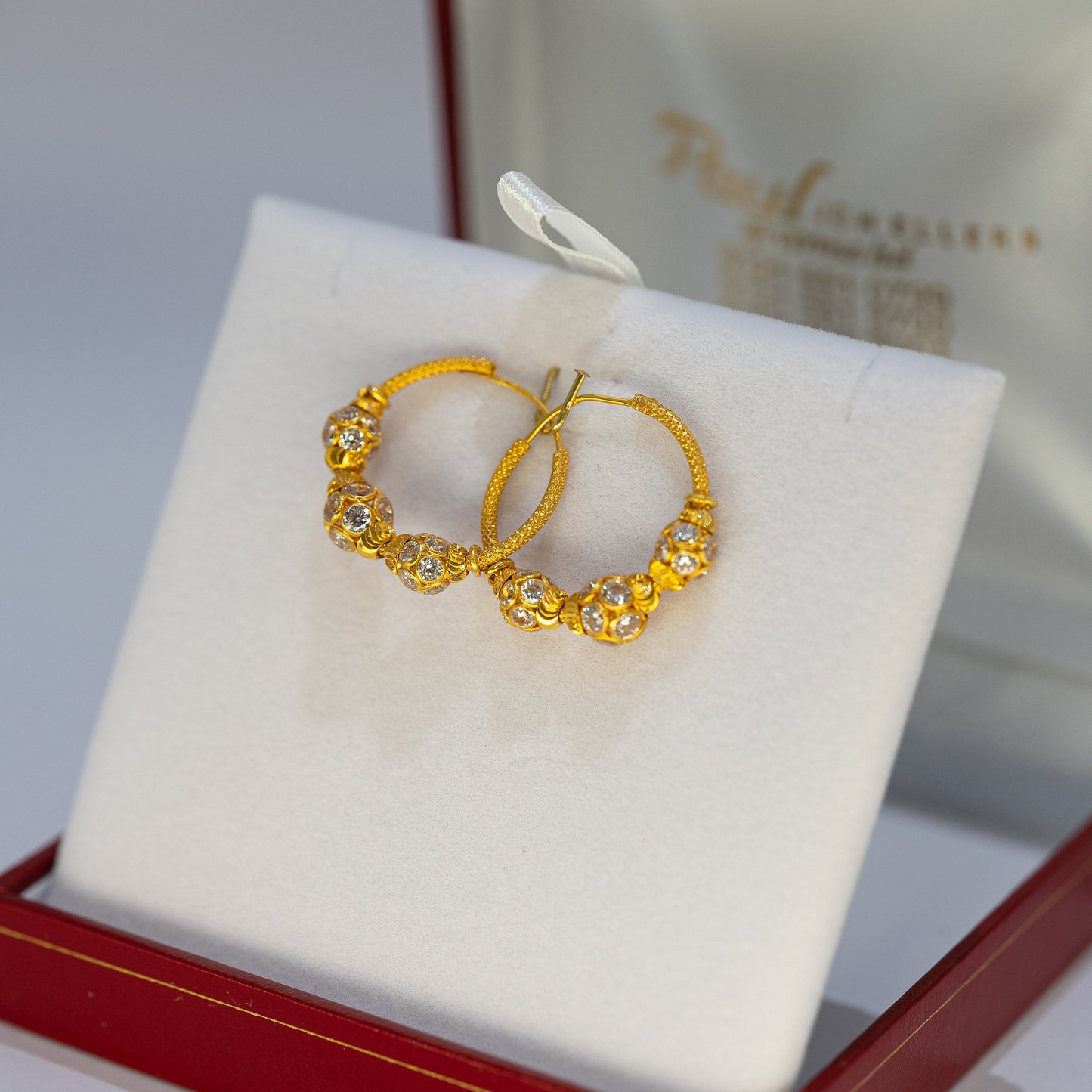 22ct Gold Hoop Earrings with Pavé CZ Beads