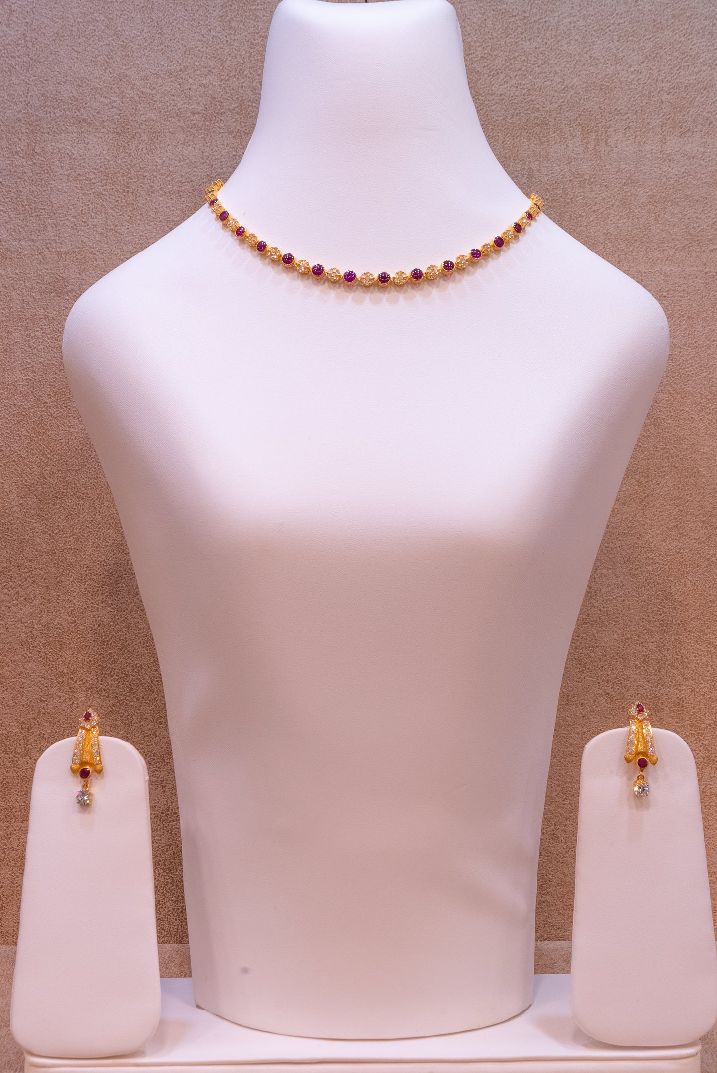 Red and Gold Necklace with Triangle Drop Earrings