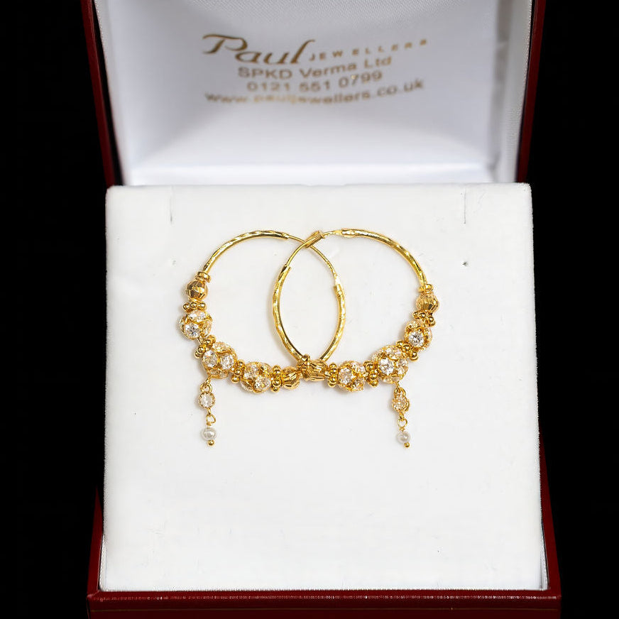 22ct Gold CZ Drop Bead Hoop Earrings