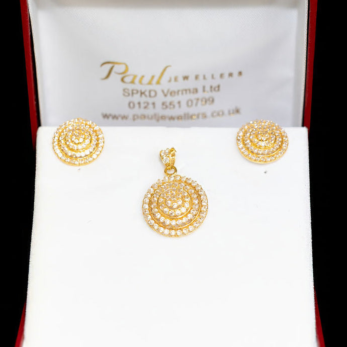 22ct Gold CZ Concentric Circle Pendant & Earring Set
