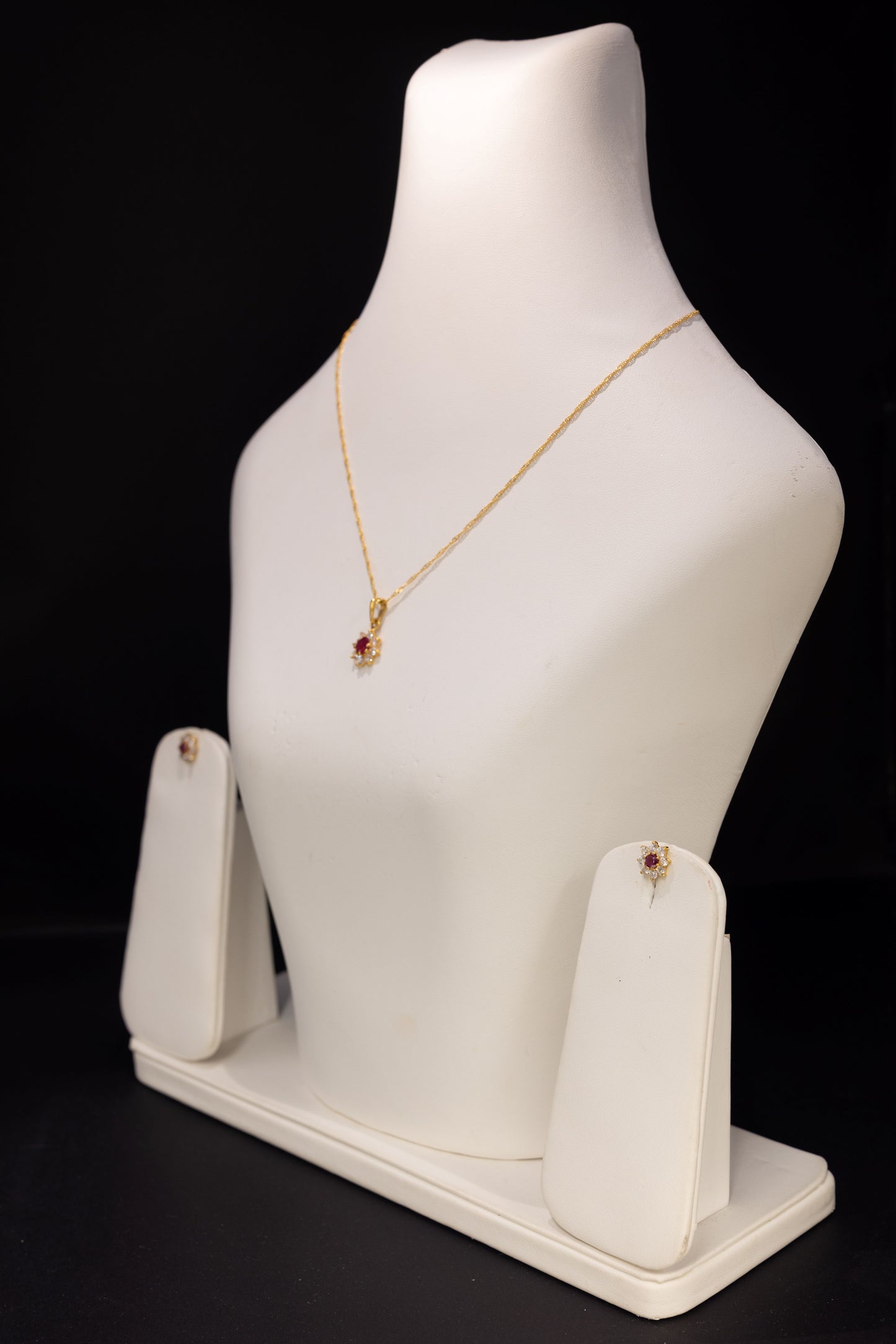 22ct Gold Ruby Red CZ Pendant Necklace and Stud Earring Set