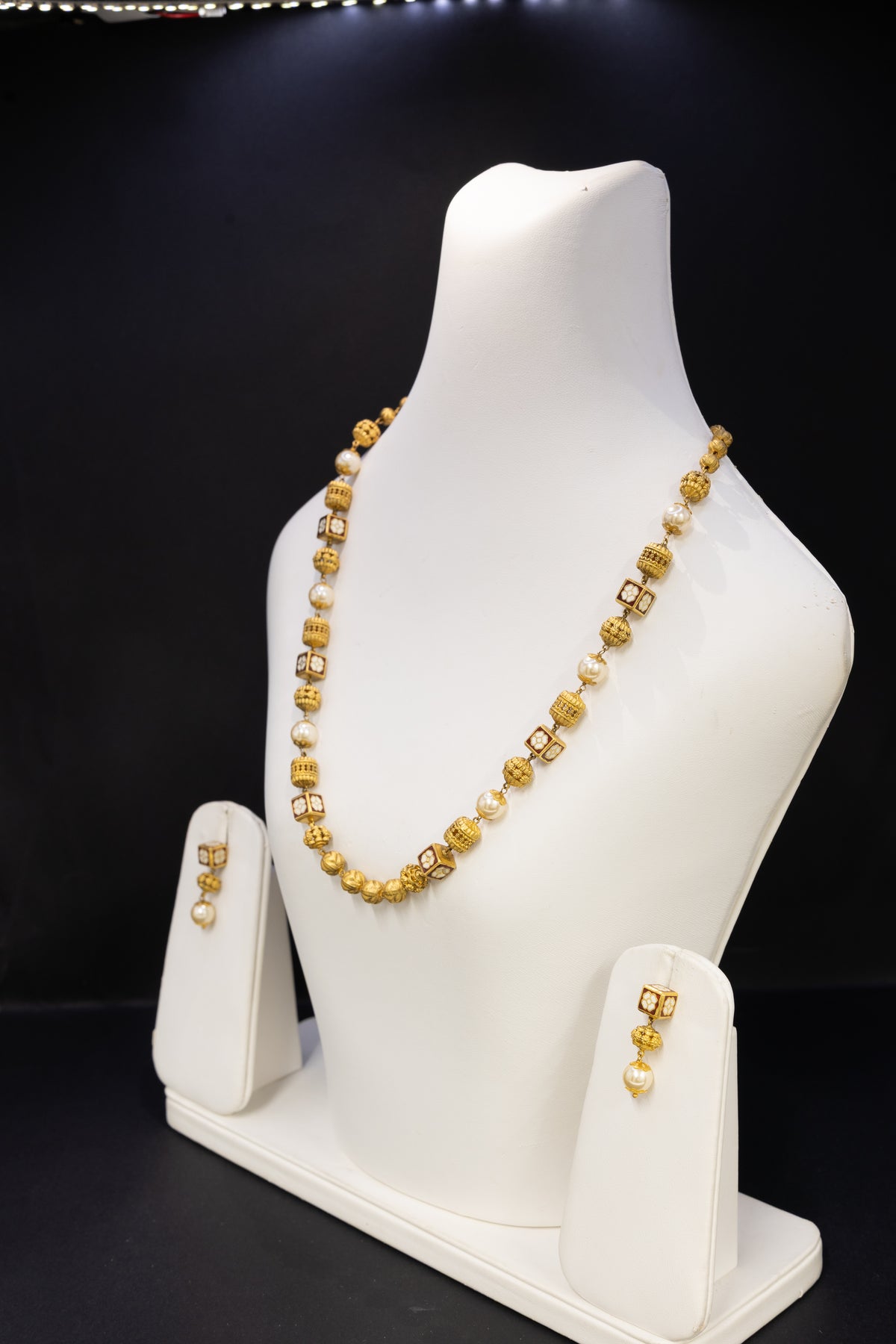 22ct Gold Pearl & Geometric Bead Necklace and Earring Set