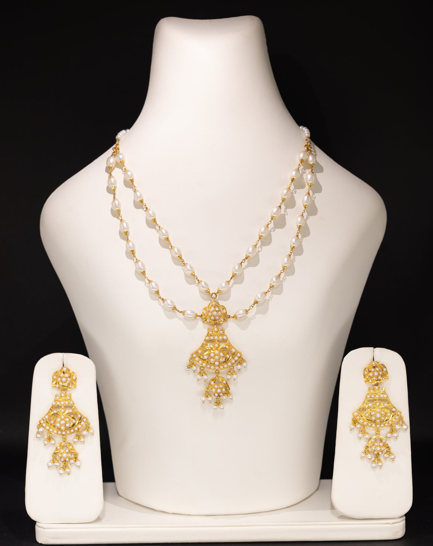 22ct Gold Double Pearl Necklace and Drop Earring Set