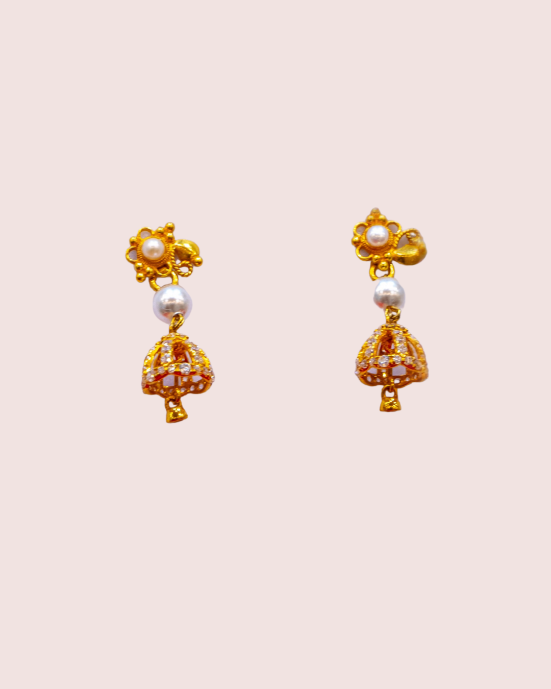 Gold Jhumki Earrings with Pearls and Cubic Zirconia
