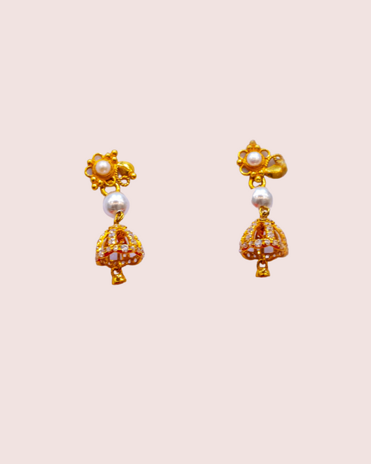 Gold Jhumki Earrings with Pearls and Cubic Zirconia