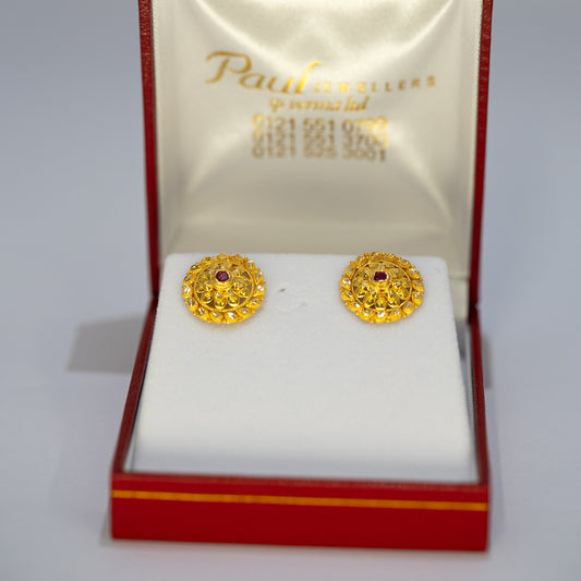 22ct Gold Stud Earrings with Red Stone Detail