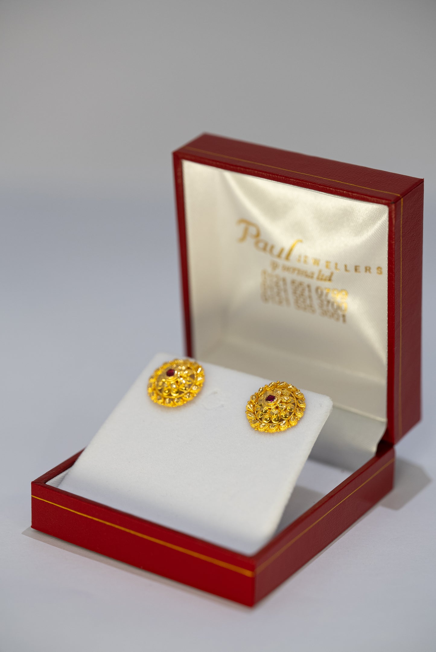 22ct Gold Stud Earrings with Red Stone Detail
