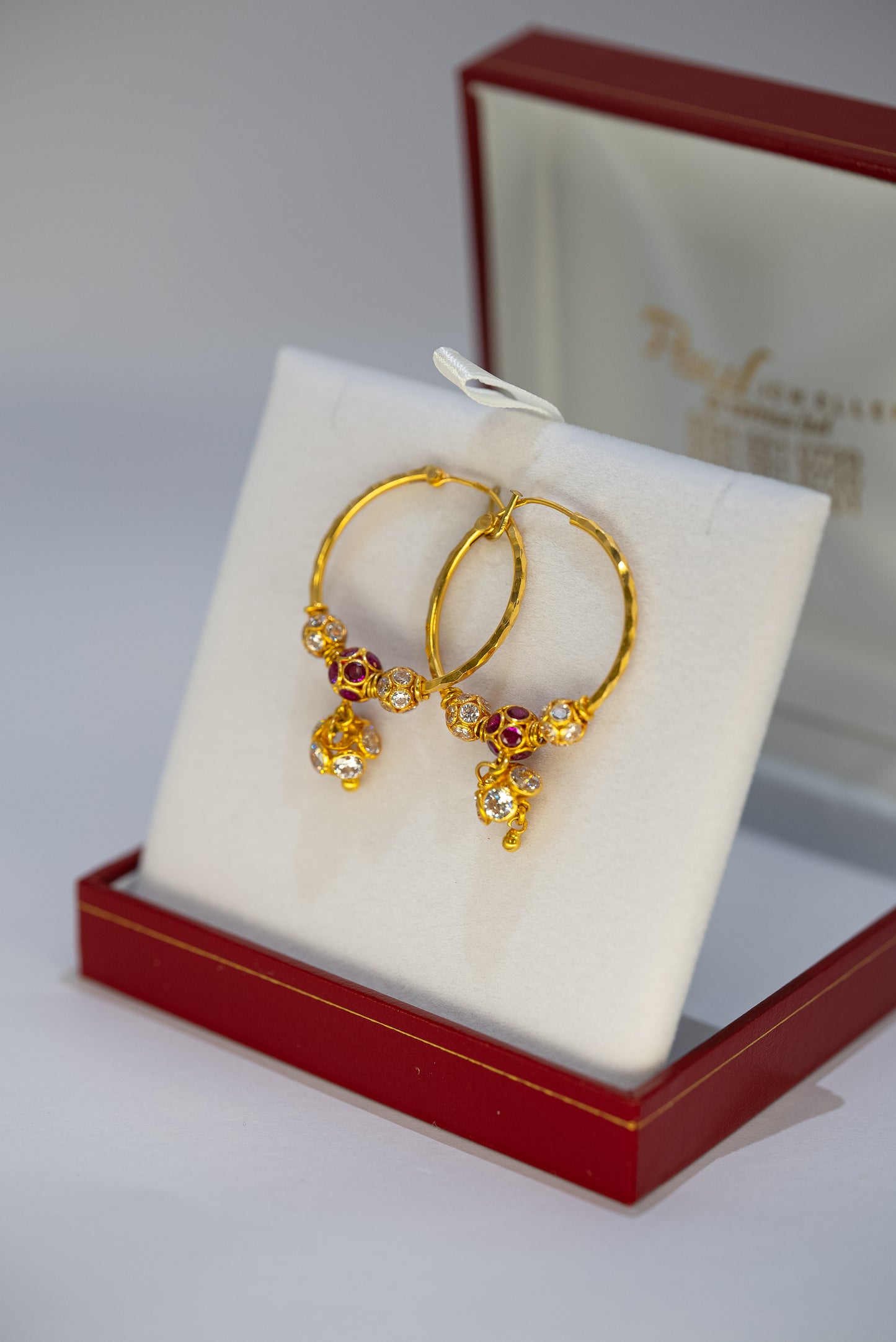 22ct Gold Hoop Earrings with Magenta and White CZ Drops