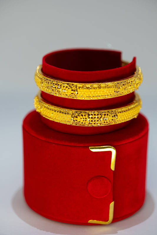 22ct Gold Karas with Embossed Filigree and Patterned Borders