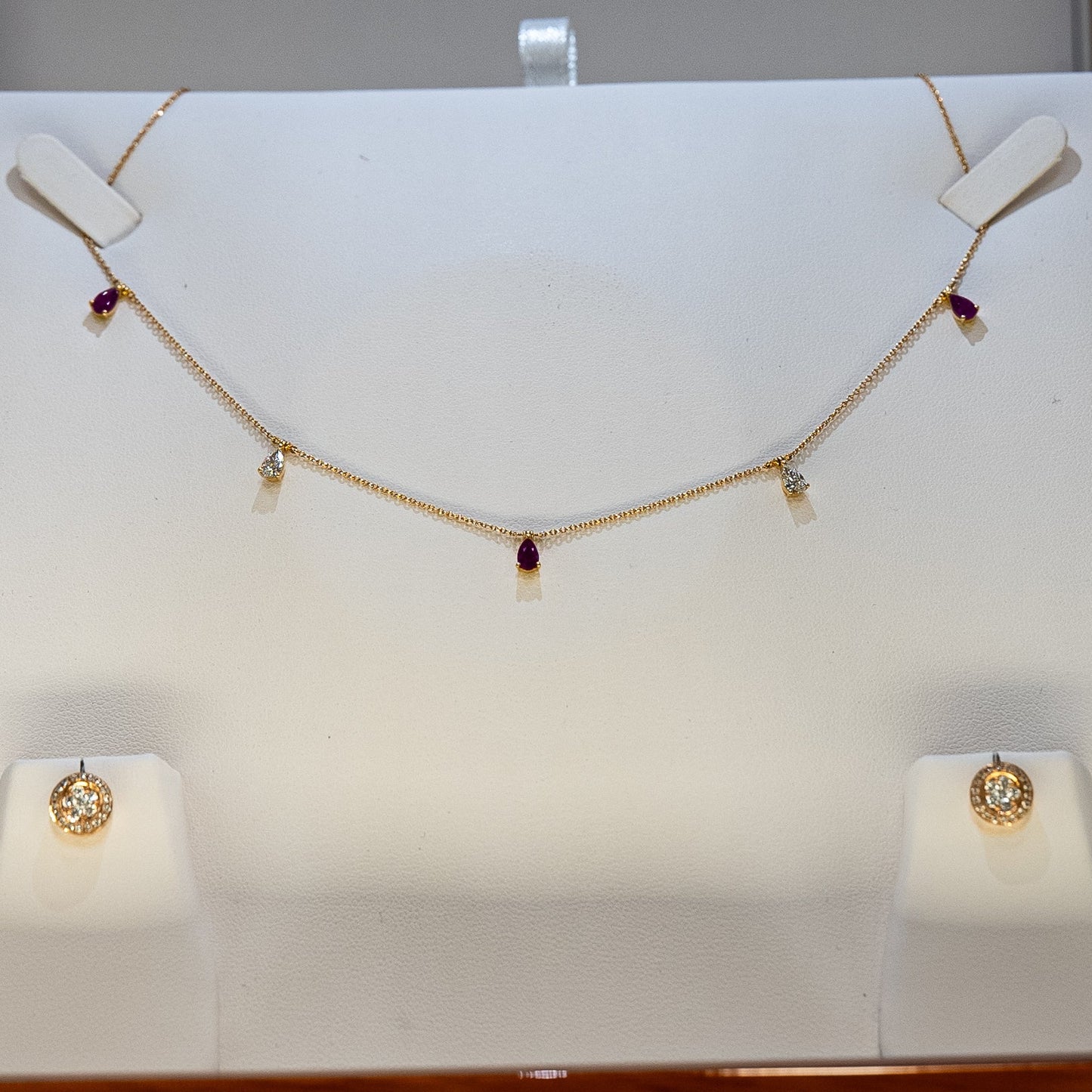 18ct Yellow Gold Ruby and Diamond Necklace and Earrings Set