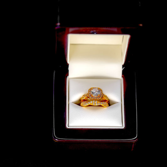 22ct Gold CZ Square Halo Solitaire Twist Ring Set