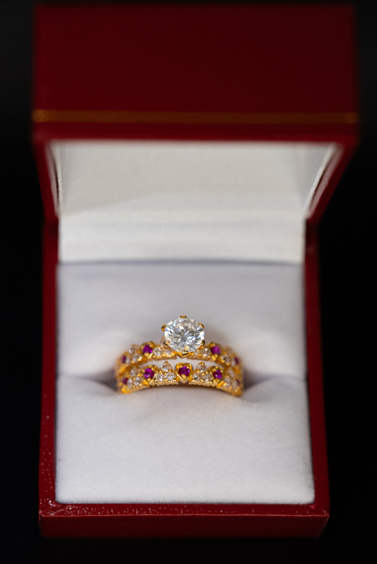 22ct Gold CZ Ring Set with Pink Stone Detailing – Size O