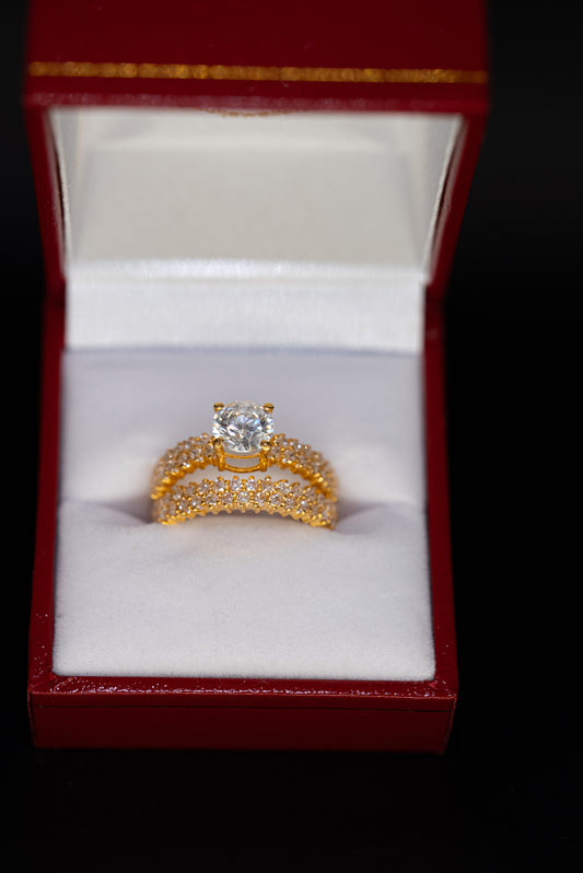 22ct Gold CZ Solitaire Ring Set with Double Stone Band – Size O