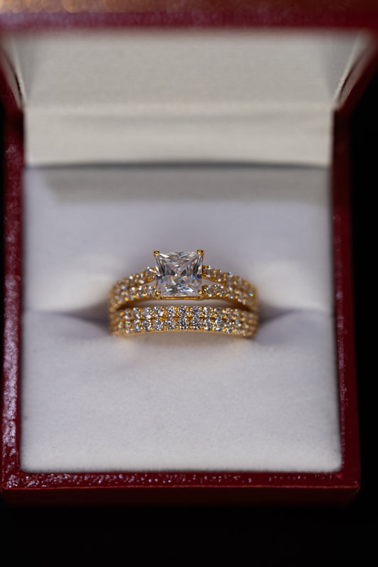 22ct Gold CZ Square Cut Solitaire Ring Set with Double Band – Size K