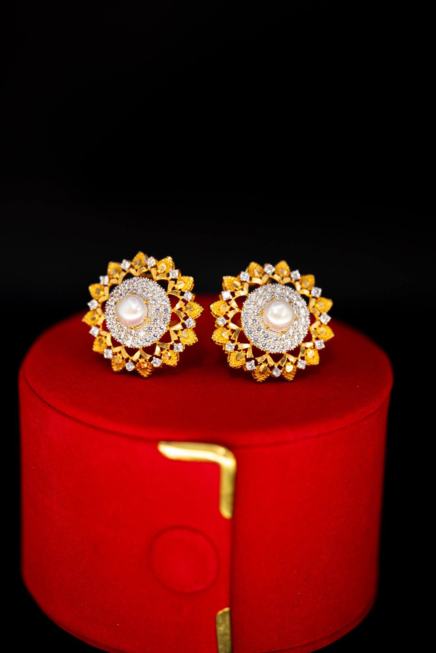 Large 22ct Gold Pearl and CZ Statement Stud Earrings