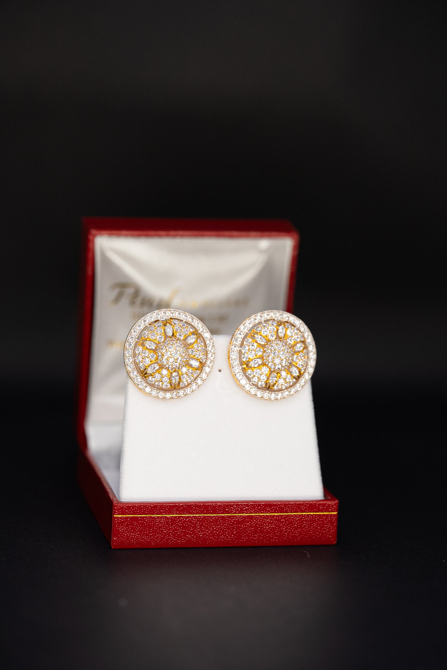 Large 22ct Gold CZ Circular Floral Stud Earrings