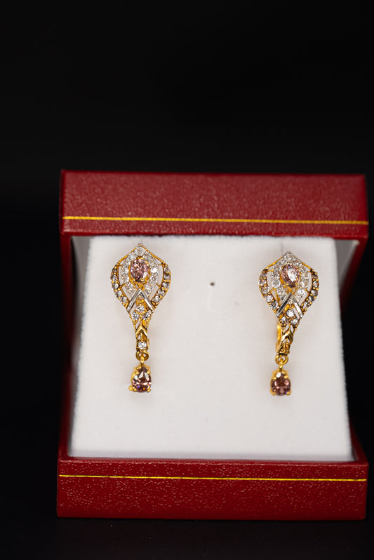 22ct Gold CZ and Pink Stone Drop Earrings