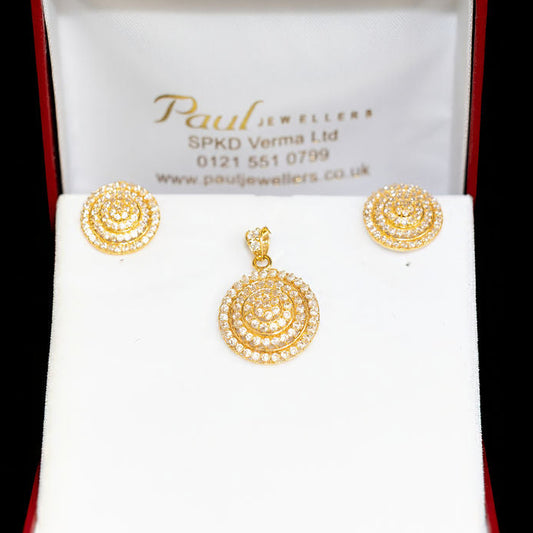 22ct Gold CZ Concentric Circle Pendant & Earring Set
