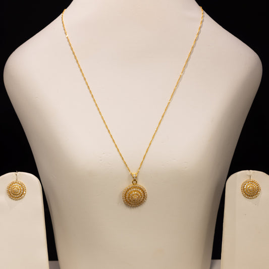 22ct Gold CZ Round Pendant Necklace and Stud Earring Set