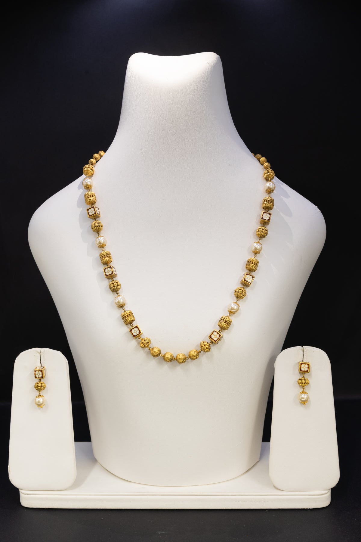 22ct Gold Pearl & Geometric Bead Necklace and Earring Set