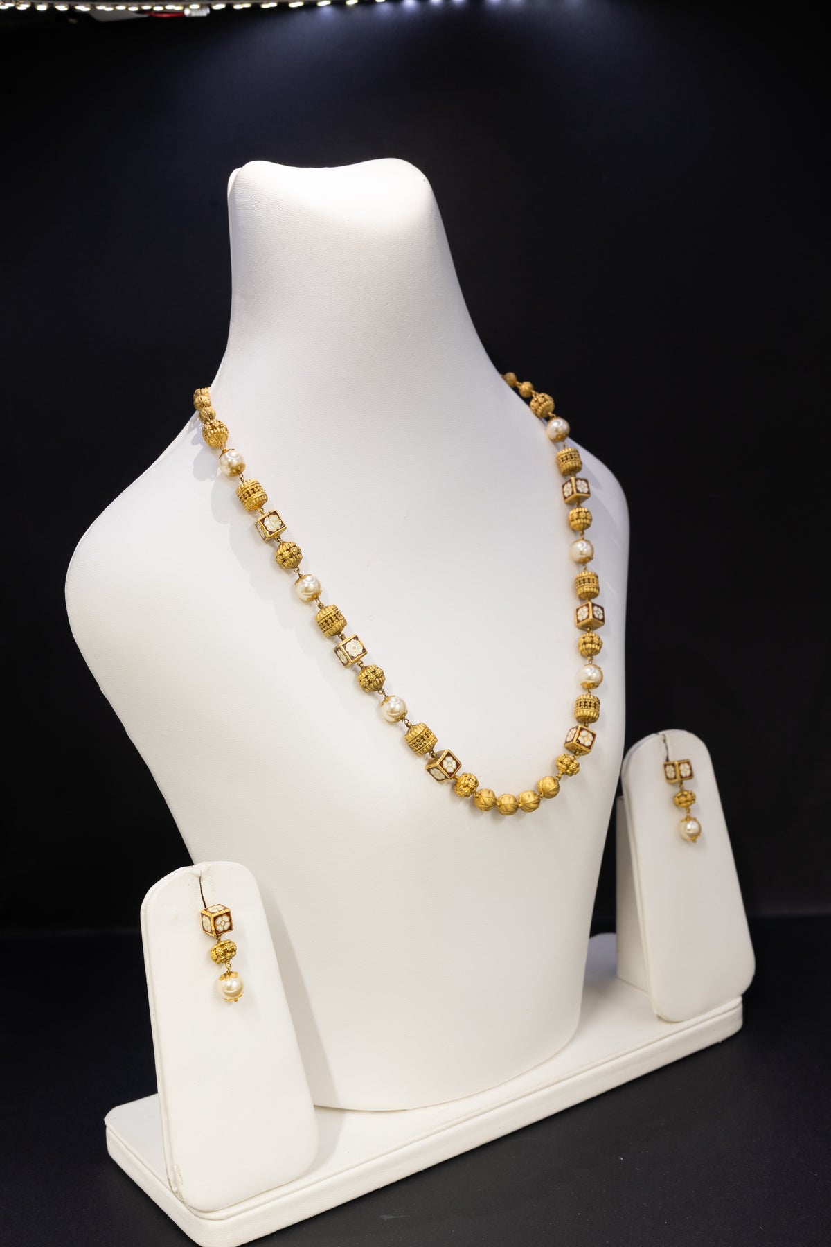 22ct Gold Pearl & Geometric Bead Necklace and Earring Set