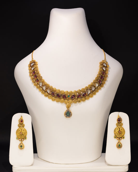 22ct Gold Kundan Style Necklace and Drop Earring Set