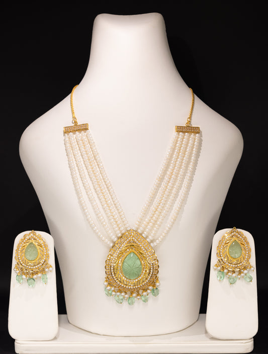 22ct Gold Emerald, CZ and Real Pearl Bridal Necklace and Drop Earring Set