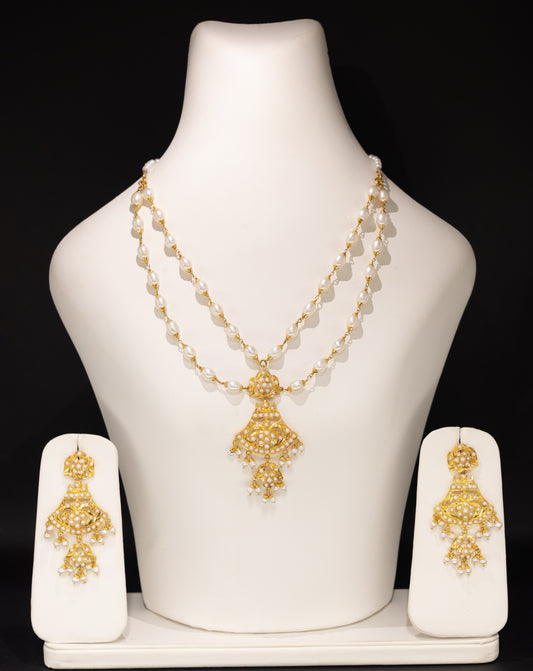 22ct Gold Double Pearl Necklace and Drop Earring Set