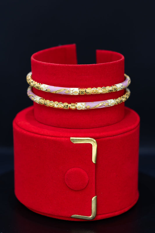 22ct Gold Pink Enamel Detailed Kara Bangle Pair